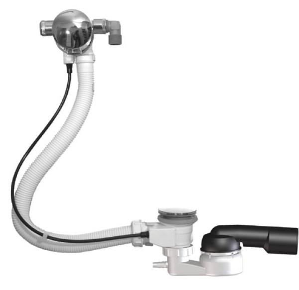 BDW-Ab-, Zu- und Überlaufgarnitur 6/4" mit Kugelgelenksiphon DN50/40 inkl. Schlauchanschluss 8-13mm, Zulauf 3/4", Bowdenzug 80cm und Sichtteilen chrom HL560N.L